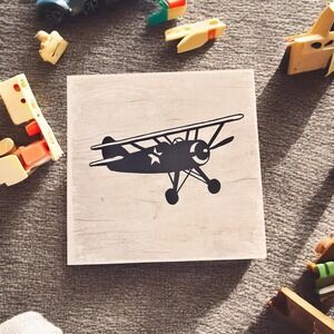 Biplane Airplane Wall Art White Black Stars Nursery Decor 12x12 Baby Room Decor